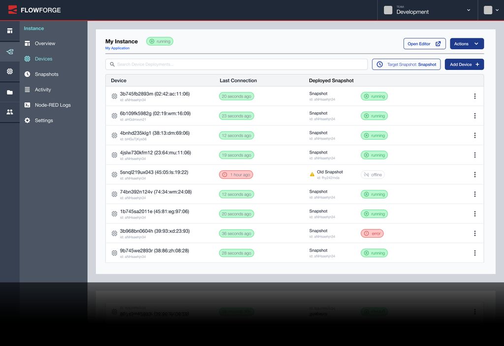 Screen shot of FlowForge device management capabilities.