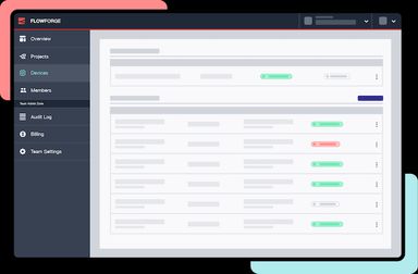 A pseudo-screenshot of FlowForge's UI that lets users manage their fleet of devices and remote Node-RED deployments.