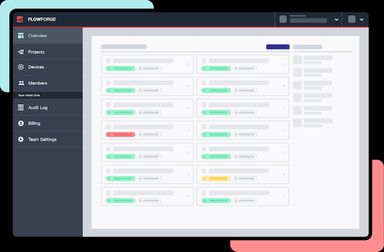 A pseudo-screenshot of FlowForge's UI that lets users manage their multiple Node-RED instances.